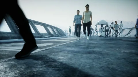 People and robots. Sci fi tonnel. Futuristic traffic. Concept of future Vidéo 110987432
