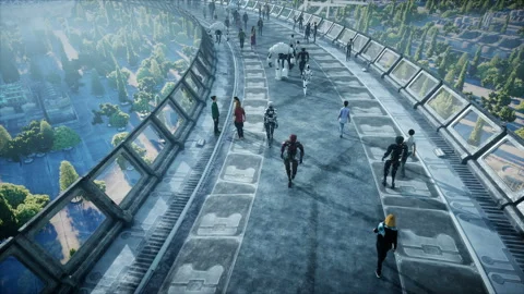 People and robots. Sci fi tonnel. Futuristic traffic. Concept of future Vidéo 110988265