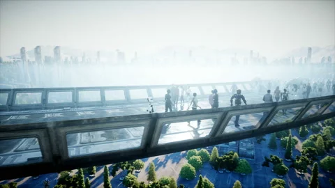 People and robots. Sci fi tonnel. Futuristic traffic. Concept of future Vidéo 110988812