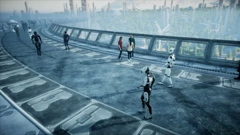 People and robots. Sci fi tonnel. Futuristic traffic. Concept of future Vidéo 110989172