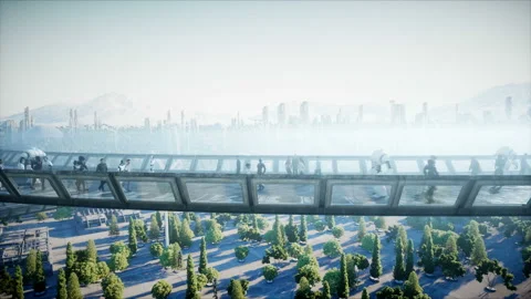 People and robots. Sci fi tonnel. Futuristic traffic. Concept of future Vidéo 110989931