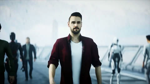 People and robots. Sci fi tonnel. Futuristic traffic. Concept of future Vidéo 110992239