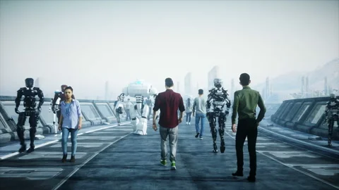 People and robots. Sci fi tonnel. Futuristic traffic. Concept of future Vidéo 110993707