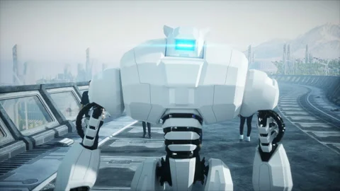 People and robots. Sci fi tonnel. Futuristic traffic. Concept of future Vidéo 110994323