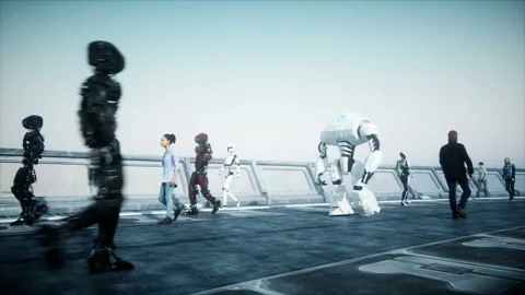People and robots. Sci fi tonnel. Futuristic traffic. Concept of future Vidéo 110995231