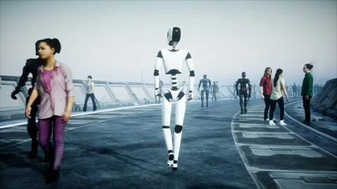 People and robots. Sci fi tonnel. Futuristic traffic. Concept of future Vídeos de archivo 110996662