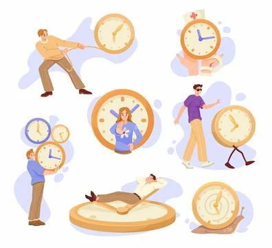 People and Time Management with Clock Dial Vector Set Stock Illustration