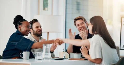 People, applause and handshake with client, office and collaboration for br.. Stock Photos