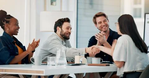 People, applause and handshake with client, meeting and excited for brand a.. Stock Photos
