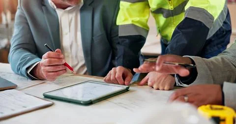 People, architect or hands with tablet for construction planning, building Stock Photos