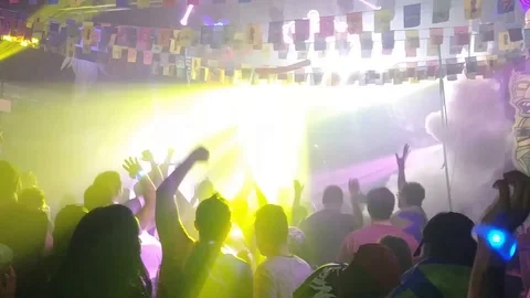People are cheering and dancing to the music with colorful illumination lights Stock Footage 95964481