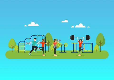 People are doing exercise at public park Stock Illustration