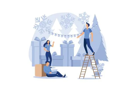 People are preparing for the new year, are engaged in decoration, corporate i Stock Illustration