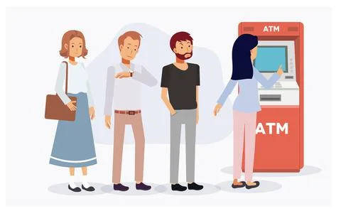 People are queue at the ATM machine,waiting in line for use ATM some start an Stock Illustration