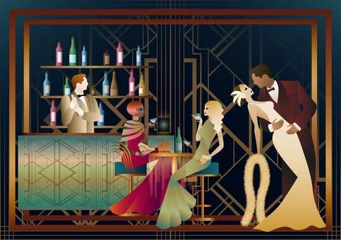 People are sitting and drinking, couples dancing Stock Illustration