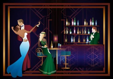 People are sitting and drinking, couples dancing Stock Illustration