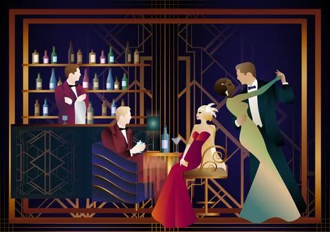 People are sitting and drinking, couples dancing Stock Illustration