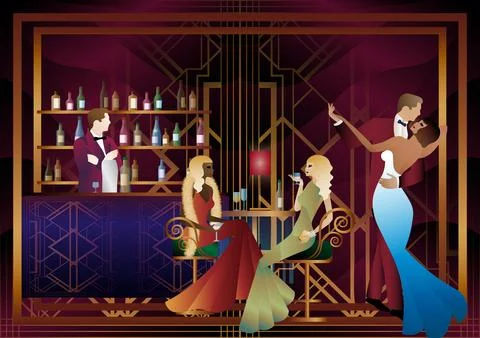 People are sitting and drinking, couples dancing Stock Illustration