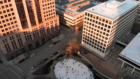 People are skating in Red Arrow Park. View from above Stock Footage 100470235