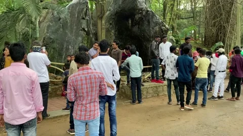 People are taking selfe front of artificial waterfall in national park Stock Footage 160625588