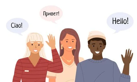 People are talking Hello in chat bubble different languages. Multinational group Stock Illustration