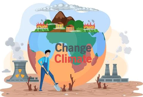 People are trying to save environment on Earth. Planet surrounded by factory Illustrazione stock