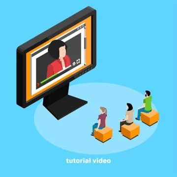 People are viewing on the computer screen video, isometric image Stock Illustration
