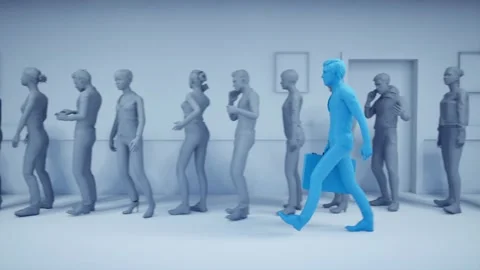 People are waiting in a long queue, vip person passing by, 3D animation Stock Footage 301610361