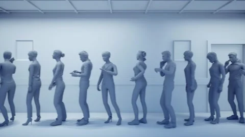 People are waiting in a long queue, one man opens the door, 3D animation Stock-Footage 301679213