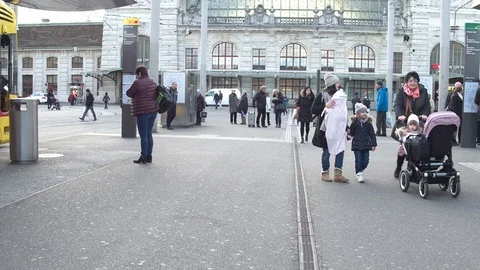 People are walking to Basel Main Station (Bahnhof Basel SBB) Switzerland Video stock 120812684