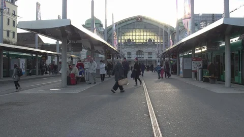 People are walking to Basel Main Station (Bahnhof Basel SBB) Switzerland Video stock 120813288