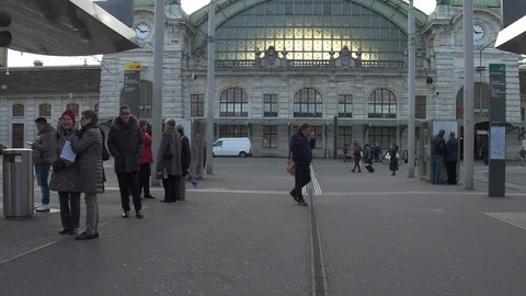 People are walking to Basel Main Station (Bahnhof Basel SBB) Switzerland Video stock 120814504