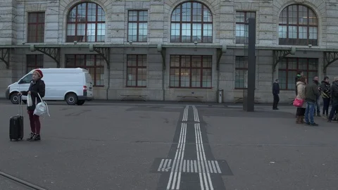 People are walking to Basel Main Station (Bahnhof Basel SBB) Switzerland Video stock 120814883