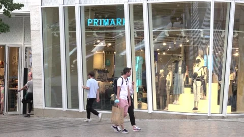People are walking in front of Primark shop on Wenceslas Square Prague Stock Footage 158948668