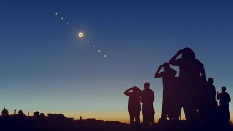 People are watching a solar eclipse in the sky with stars. Realistic vector Stock Illustration