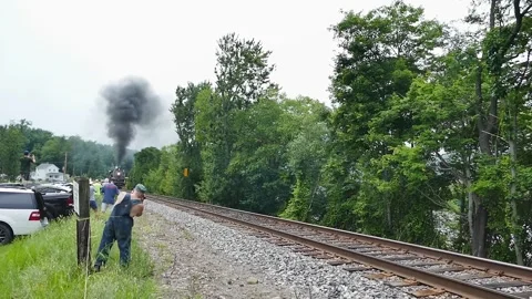 People are watching as a steam train moves along the tracks on a sunny day Stock Footage 340406444