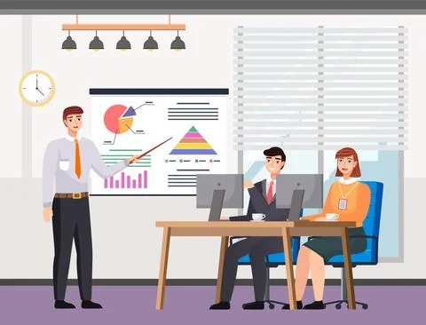 People are working and analyzing data. Man points to the rising graph on the Stock Illustration