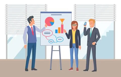 People are working and analyzing information. Staff standing near the graph on Stock Illustration