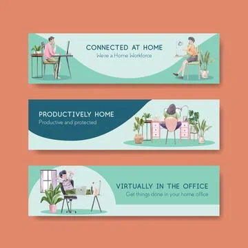 People are working from home  with laptops, PC at table, at sofa. Home office Stock Illustration