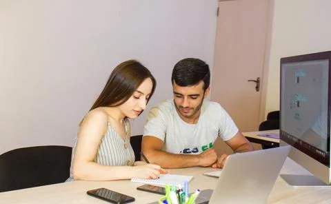 The people are working in office on computer Stock Photos