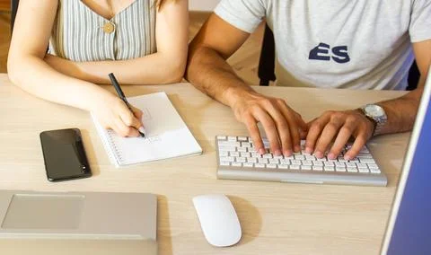 The people are working in office on computer 스톡 사진