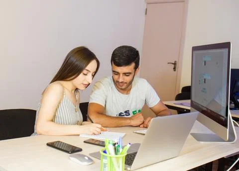The people are working in office on computer Stock Photos