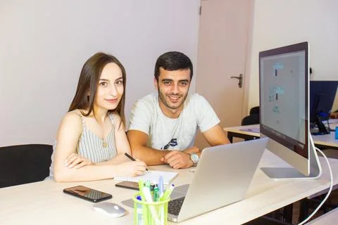 The people are working in office on computer 스톡 사진