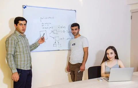 The people are working in office on computer Stockfoto's