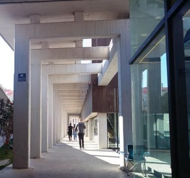 People around of perfect architecture with rectangular frames Stock Photos