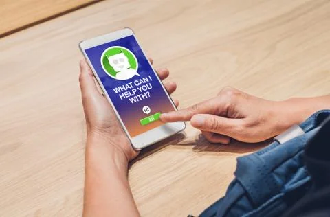 People ask chat bot function in mobile app .looking for customer support onli Stock Photos