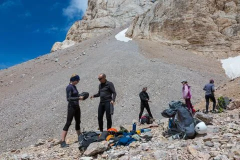 People Assembling Bivouac Stock Photos