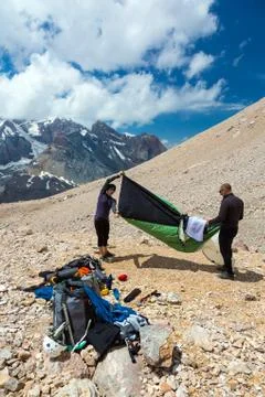 People Assembling Bivouac Stock Photos