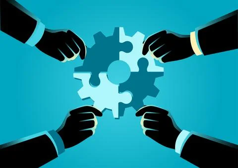 People assembling jigsaw puzzle forming a gear Stock Illustration