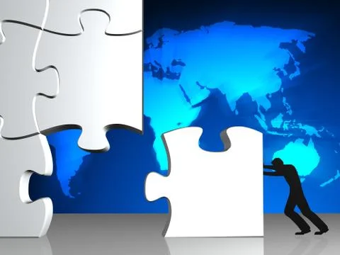 People assembling jigsaw puzzle  on world map Stock Illustration